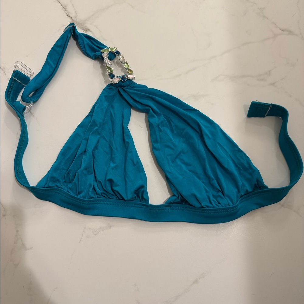 Beach Bunny Teal Blue Embellished Halter Bikini Top